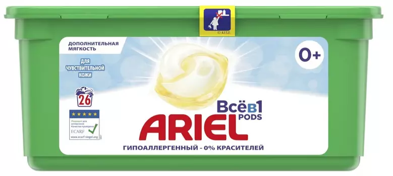 Капсулы для стирки Ariel Pods Всё-в-1 Sensitive, для белых тканей, 26шт
