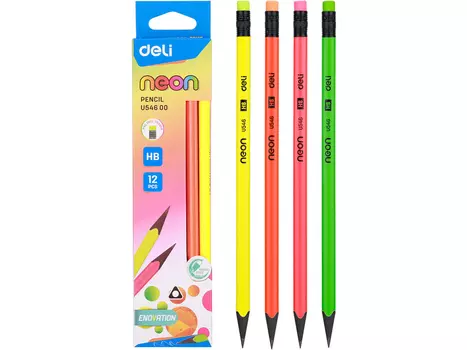 Карандаш чернографитный HB, треугольная форма, с ластиком, ассорти, Deli Neon EU54600 (EU54600-1)