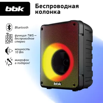 Караоке-система BBK BTA3010 , 10 Вт, AUX, USB, microSD, Bluetooth, подсветка, черный (BTA3010 )