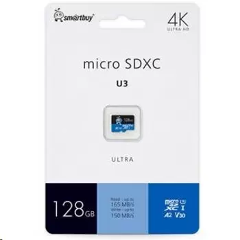 Карта памяти 128Gb microSDXC Smart Buy Ultra Class 10 UHS-I U3 V30 A2 + адаптер (SB128GBSDU3UL01)