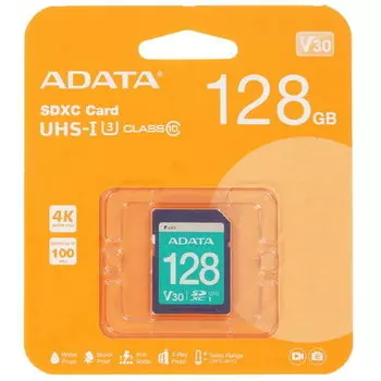 Карта памяти 128Gb SDXC ADATA Class 10 UHS-I U3 V30 (ASDX128GUI3V30S-R)
