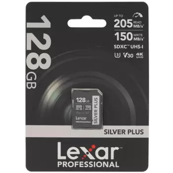 Карта памяти 128Gb SDXC Lexar Professional Silver Plus Class 10 UHS-I U3 V30 (LSDSIPL128G-BNNNG)
