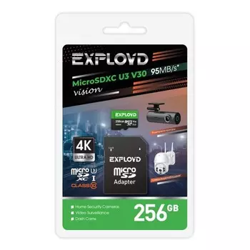 Карта памяти 256Gb microSDXC EXPLOYD Vision Class 10 UHS-I U3 V30 + адаптер (EX256GCSDXC10-U3-V30)