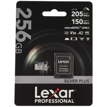 Карта памяти 256Gb microSDXC Lexar Professional Silver Plus Class 10 UHS-I U3 V30 A2 + адаптер (LMSSIPL256G-BNANG)