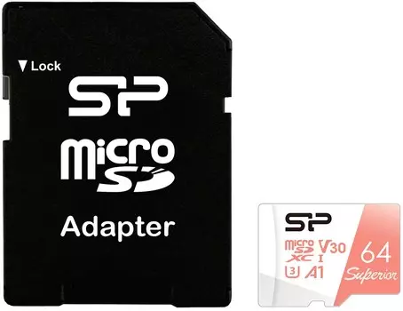 Карта памяти 64Gb microSDXC Silicon Power Superior Class 10 UHS-I U3 V30 A1 + адаптер (SP064GBSTXDV3V20SP)