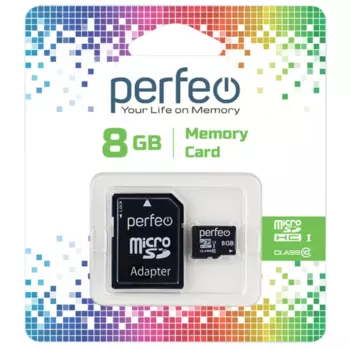 Карта памяти 8Gb microSDHC Perfeo Class 10 UHS-I + адаптер (PF8GMCSH10A)