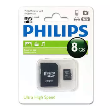 Карта памяти 8Gb microSDHC PHILIPS Class 10 + адаптер (FM08MA45B/97)