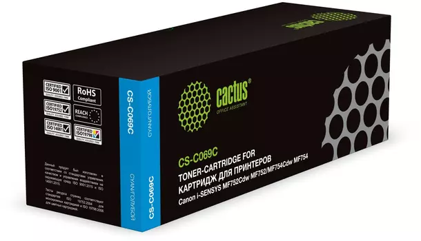 Картридж лазерный Cactus CS-C069C (069C/5093C002), голубой, 1900 страниц, совместимый для Canon i-SENSYS MF752Cdw/i-SENSYS MF752/i-SENSYS MF754Cdw/i-SENSYS MF754