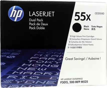 Картридж лазерный HP 55X/CE255XD, черный, 2 шт. шт., 13500 страниц, оригинальный для LaserJet Enterprise 500 M525dn/M525f/M525c, P3015/P3015d/P3015dn/P3015x, LaserJet Pro M521dn/M521dw