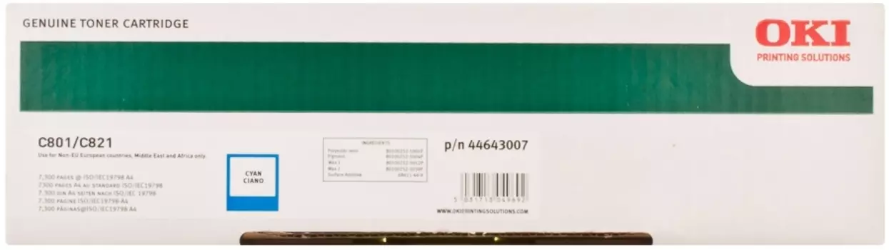 Картридж лазерный OKI 44643007, голубой, 7300 страниц, оригинальный для OKI C801/821