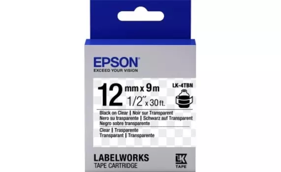 Картридж с лентой Epson LK-4TBN, 12ммx9м, черный на прозрачном, оригинальная (C53S654012)