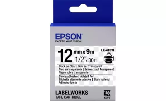 Картридж с лентой Epson LK-4TBW (повышенной адгезии), 12ммx9м, черный на прозрачном, оригинальная (C53S654015)