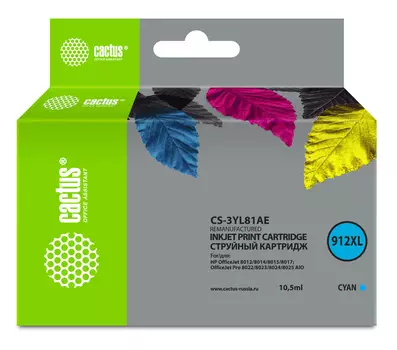 Картридж струйный Cactus CS-3YL81AE (912XL), голубой, совместимый, 10.5 мл, для HP OJ 8012/8014/8015/8017/OJ Pro 8022/8023/8024/8025 AIO