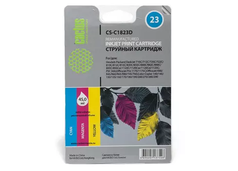 Картридж струйный Cactus CS-C1823D (23), цветной, совместимый, 45 мл, для HP OJ 1170c / 1175c / r45 / r65 / t45 / t65, DJ 710с / 720с / 722c / 810c / 815C / 880c / 890c / 895cxi / 1120c / 1125c, PSC 500