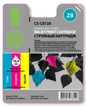 Картридж струйный Cactus CS-C8728 (28), цветной, совместимый, 450 страниц, для HP OJ 4212 / 3840 / 4255 / 6110, PSC 1210 / 1216 / 1315 / 1215, Deskjet 5150 / 3325 / 3420