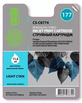 Картридж струйный Cactus CS-C8774 (177), светло-голубой, совместимый, 450 страниц, для HP C7183 / C5183 / C6283 / C7283 / C8183 / D7163 / D7263 / D7363 / D7463 / C6183 / 3213 / 3313 / 8250 / 8253