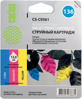 Картридж струйный Cactus CS-C9361 (136), цветной, совместимый, 600 страниц, для HP OJ 6313, C4183 / C3183 / 2573, DJ 5443