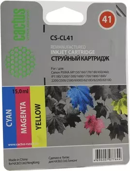 Картридж струйный Cactus CS-CL41 (CL-41), цветной, совместимый, 15 мл, для Canon MultiPASS-450, PIXMA-iP1200 / iP1300 / iP1600 / iP1700 / iP1800 / iP1900 / iP2200 / iP2500 / iP2600 / iP6210 / iP6220 / iP6310 / iP6320 / MP140 / MP150 / MP160 / MP170 / MP180 / MP190 / MP210 / MP220 / MP450 / MP460 / MX300 / MX310