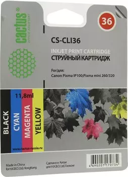 Картридж струйный Cactus CS-CLI36 (CLI-36), цветной, совместимый, 250 страниц, 11.8 мл, для Canon PIXMA-iP100 / iP110 / mini260