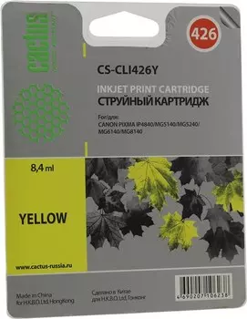 Картридж струйный Cactus CS-CLI426Y (CLI-426Y), желтый, совместимый, 8.4 мл, для Canon PIXMA-iP4840 / iP4940 / iX6540 / MG5140 / MG5240 / MG5340 / MG6140 / MG6240 / MG8140 / MG8240 / MX714 / MX884 / MX894