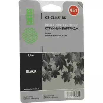 Картридж струйный Cactus CS-CLI451BK (CLI-451BK/6523B001), черный, совместимый, 12 мл, для Canon PIXMA-iP7240 / iP8740 / iX6840 / MG5440 / MG5540 / MG5640 / MG6340 / MG6440 / MG6640 / MG7140 / MG7540 / MX924