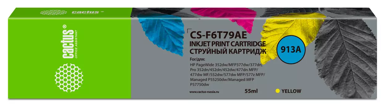 Картридж струйный Cactus CS-F6T79AE (№913A/F6T79AE), желтый, совместимый, 55 мл, для HP PW 352dw/377dw/Pro 477dw/452dw
