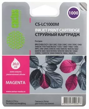 Картридж струйный Cactus CS-LC1000M (LC1000M), пурпурный, совместимый, 400 страниц, 20 мл, для Brother DCP 130C/ 330С, MFC-240C/ 5460CN
