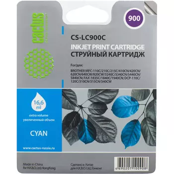 Картридж струйный Cactus CS-LC900С (LC-900С), голубой, совместимый, 400 страниц, для Brother DCP-110C, DCP-115C, DCP-117C, DCP-120C, DCP-310CN, DCP-315CN, DCP-340CW, MFC-210C, MFC-215C, MFC-3240C, MFC-3340CN, MFC-410CN, MFC-425CN, MFC-5440CN, MFC-5840CN, MFC-620CN, MFC-640CW, MFC-820CW, FAX-1835C, FAX-1840C, FAX-1940CN, FAX-2440C