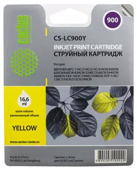 Картридж струйный Cactus CS-LC900Y (LC900Y), желтый, совместимый, 400 страниц, 16.6мл, для Brother DCP-110C, DCP-115C, DCP-117C, DCP-120C, DCP-310CN, DCP-315CN, DCP-340CW, MFC-210C, MFC-215C, MFC-3240C, MFC-3340CN, MFC-410CN, MFC-425CN, MFC-5440CN, MFC-5840CN, MFC-620CN, MFC-640CW, MFC-820CW, FAX-1835C, FAX-1840C, FAX-1940CN, FAX-2440C