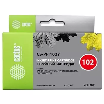 Картридж струйный Cactus CS-PFI102Y (PFI-102Y/0898B001), желтый, совместимый, 130 мл, для Canon iPF500/iPF600/iPF700/ MFP M40/iPF765/LP17/LP24 series