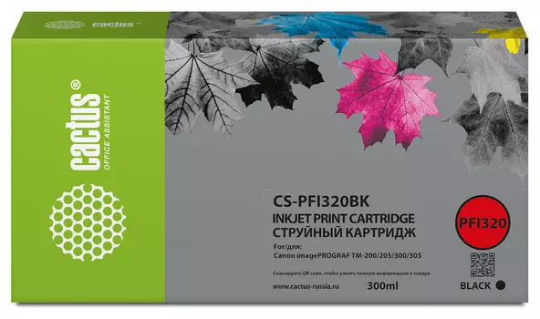Картридж струйный Cactus CS-PFI320BK (PFI-320BK/2890C001), черный, совместимый, 300 мл, для Canon imagePROGRAF TM-200/TM-205/TM-300/TM-305