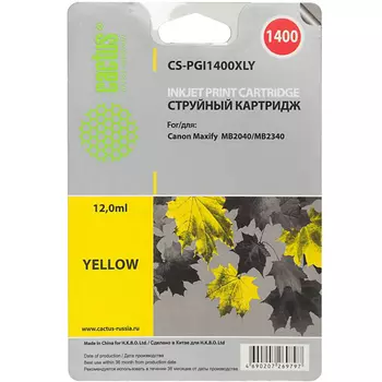Картридж струйный Cactus CS-PGI1400XLY (PGI-1400XLY), желтый, совместимый, 12 мл, для Canon MAXIFY-MB2040 / MB2340