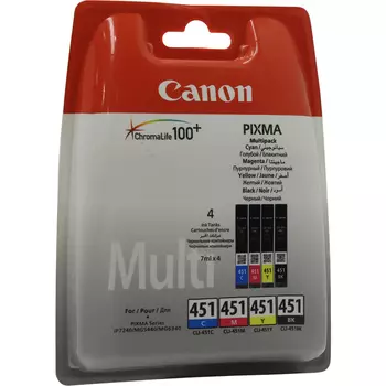 Картридж струйный Canon CLI-451CMYBk (6524B004), голубой/пурпурный/желтый/черный, оригинальный, объем 7мл, 4шт., для Canon PIXMA iP7240 / iP8740 / iX6840 / MG5440 / MG5540 / MG5640 / MG6340 / MG6440 / MG6640 / MG7140 / MG7540 / MX924