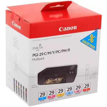 Картридж струйный Canon PGI-29 C (4873B005), голубой/пурпурный/желтый/голубой для фото/пурпурный для фото/красный, оригинальный, ресурс 230 - голубой, 281 - пурпурный, 290 - желтый, 400 - голубой для фото, 228 - пурпурный для фото, 454 - красный, для Canon PIXMA-PRO-1