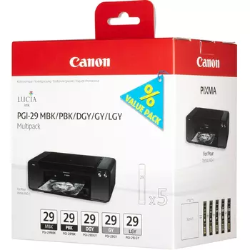 Картридж струйный Canon PGI-29 MBK MULTIPACK (4868B018), черный матовый/фото-черный/темно-серый/серый/светло-серый, оригинальный, ресурс 505 - черный матовый, 111 - черный для фото, 119 - темно-серый, 179 - серый, 352 - светло-серый, для Canon PIXMA-PRO-1