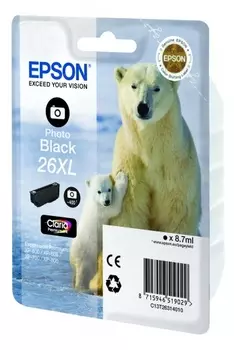 Картридж струйный Epson 26XL (C13T26314012/C13T26314010), фото черный, оригинальный, объем 9 мл, ресурс 400 страниц для Epson XP-600/605/700/710/800