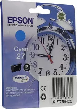 Картридж струйный Epson 27 (C13T27024020), голубой, оригинальный, ресурс 300 страниц для Epson Epson WorkForce WF-3620DWF / WF-3640DWF / WF-7110DTW / WF-7610DWF / WF-7620DTWF