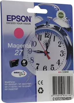 Картридж струйный Epson 27 (C13T27034012/C13T27034020/C13T27034022), пурпурный, оригинальный, объем 3.6 мл, ресурс 300 страниц для Epson Epson WorkForce WF-3620DWF / WF-3640DWF / WF-7110DTW / WF-7610DWF / WF-7620DTWF