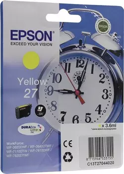 Картридж струйный Epson 27 (C13T27044020), желтый, оригинальный, ресурс 300 страниц для Epson Epson WorkForce WF-3620DWF / WF-3640DWF / WF-7110DTW / WF-7610DWF / WF-7620DTWF