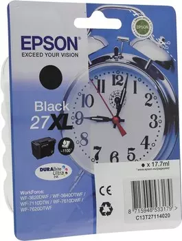 Картридж струйный Epson 27XL (C13T27114022), черный, оригинальный, ресурс 1100 страниц, для Epson WorkForce WF-7110DTW / WF-7620DTWF