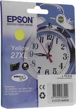 Картридж струйный Epson 27XL (C13T27144020), желтый, оригинальный, объем 10 мл, ресурс 1100 страниц для Epson