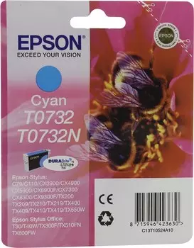Картридж струйный Epson T0732 (C13T10524A10), голубой, оригинальный, ресурс 535 страниц, для Epson C79 / C110 / CX6900F / CX8300 / CX9300F / TX209 / TX409 / T30 / T40W / TX300F / TX600FW