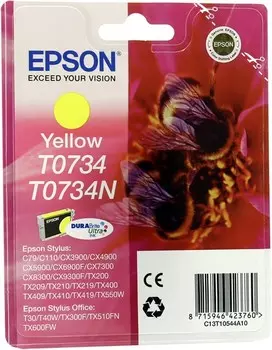 Картридж струйный Epson T0734 (C13T10544A10), желтый, оригинальный, ресурс 500 страниц, для Epson C79 / C110 / CX6900F / CX8300 / CX9300F / TX209 / TX409 / T30 / T40W / TX300F / TX600FW