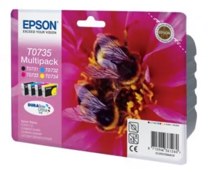 Картридж струйный Epson T0735 (C13T10554A10), голубой/пурпурный/желтый/черный, оригинальный, объем 6мл, 4шт., для Epson Stylus C79 / C110 / CX3900 / CX4900 / CX5900 / CX7300 / CX8300 / CX6900F / CX9300F