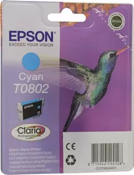Картридж струйный Epson T0802 (C13T08024010/C13T08024011/C13T08024021), голубой, оригинальный, ресурс 855 страниц для Epson Epson Stylus Photo P50 / PX660 / PX660+ / PX720WD / PX730WD / PX820FWD / PX830FWD