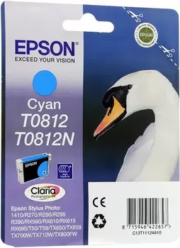 Картридж струйный Epson T0812 (C13T08124A/C13T11124A10), голубой, оригинальный, ресурс 1560 страниц для Epson Epson Stylus Photo 1410 / R290 / R295 / RX610 / RX615 / RX690 / T50 / T59 / TX659 / TX800FW