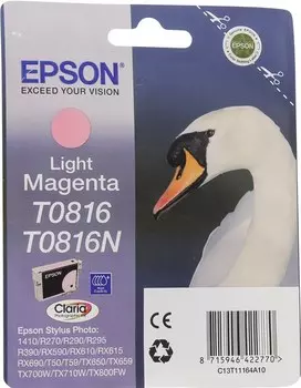 Картридж струйный Epson T0816 (C13T11164A10), светло-пурпурный, оригинальный, ресурс 1110 страниц, для Epson Stylus Photo 1410 / R290 / R295 / RX610 / RX615 / RX690 / T50 / T59 / TX659 / TX800FW