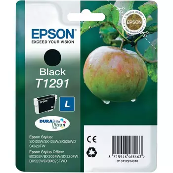 Картридж струйный Epson T1291 (C13T12914010/C13T12914011/C13T12914012/C13T12914021), черный, оригинальный, ресурс 435 страниц для Epson Stylus SX230 / SX235W / SX420W / SX425W / SX430W / SX435W /SX440W / SX445W / SX525WD / SX535WD, Office B42WD / BX305F / BX320FW /BX635FWD / WF-352DWF / WF-7015 / WF-7515 / WF-7525