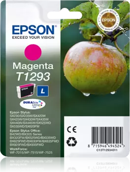 Картридж струйный Epson T1293 (C13T12934011), пурпурный, оригинальный, ресурс 395 страниц для Epson Epson Stylus SX230 / SX235W / SX420W / SX425W / SX430W / SX435W /SX440W / SX445W / SX525WD / SX535WD, Office B42WD / BX305F / BX320FW /BX635FWD / WF-352DWF / WF-7015 / WF-7515 / WF-7525