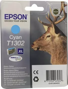 Картридж струйный Epson T1302 (C13T13024012), голубой, оригинальный, ресурс 880 страниц для Epson Epson Stylus SX525WD / SX535WD, Office B42WD / BX625FWD / BX635FWD, WorkForce WF-3520DWF / WF-7015 / WF-7515 / WF-7525